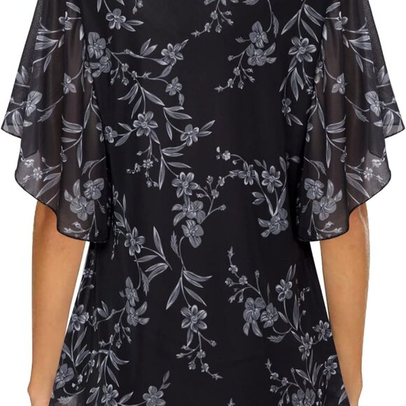 Women's Short Sleeve V Neck Blouses Shirts Floral Double Layers Mesh Tunics Tops - Picture 3 of 4